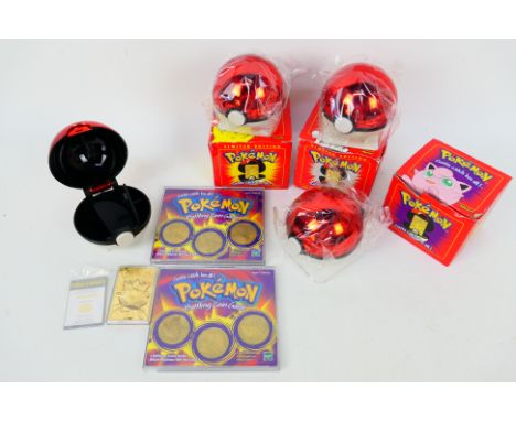 Pokemon - 6 Pokemon collectables to include: 4 x 23k gold plated trading cards housed in a pokeball, three are still sealed i