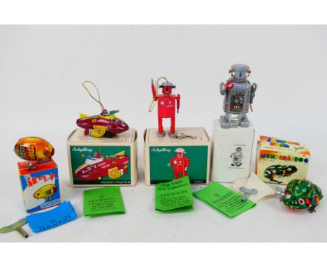 Schylling, Other - 5 x boxed and postage boxed tinplate models - Lot includes a tinplate red Schylling robot with wind-up key