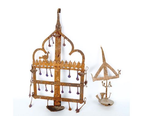 19th century Indian Folk Art wall-hanging metal lamp holder, height 55cm, and another metal lamp bracket (2) 