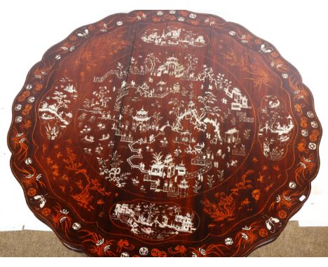 An impressive 19th century Chinese rosewood and ivory marquetry inlaid centre table, the top intricately inlaid with village 
