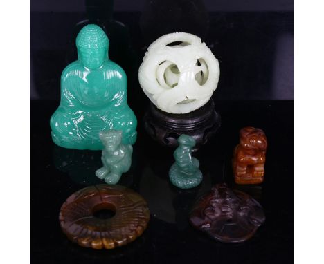 A collection of jade and hardstone carvings, jade puzzle ball etc 