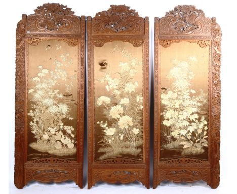 A large Chinese 3-section screen in relief carved stained wood frame, with silk embroidered panels, height 200cm, each panel 