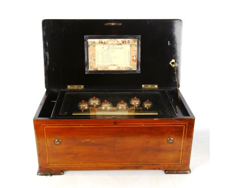 A 19th century Swiss rosewood and marquetry inlaid musical box playing 8 airs, on a 33cm cylinder and 6 bells with B strikers