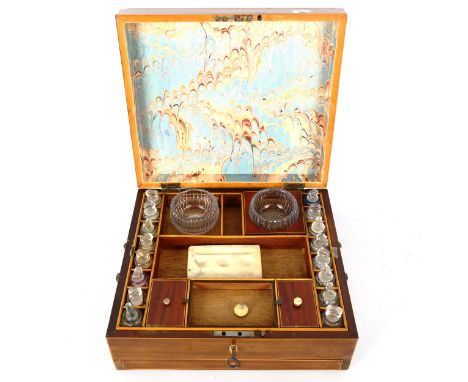 A 19th century artist's workbox, mahogany with tulip wood crossbanding, the hinged lid with a painted panel depicting Selene 