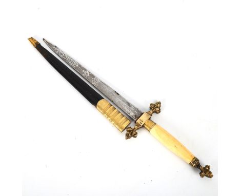 An Edwardian Masonic dagger with silver-gilt and ivory cross hilt, and original silver-mounted leather scabbard, by Kenning &