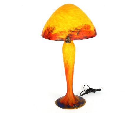 A coloured marble glass mushroom-shaped table lamp, in the style of Emil Galle, overall height 60cm, modernA few tiny pinhead