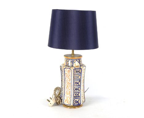 A Hispano-Moresque Albarello jar of shaped circular form converted to a table lamp, with hand painted lustre decoration, mode