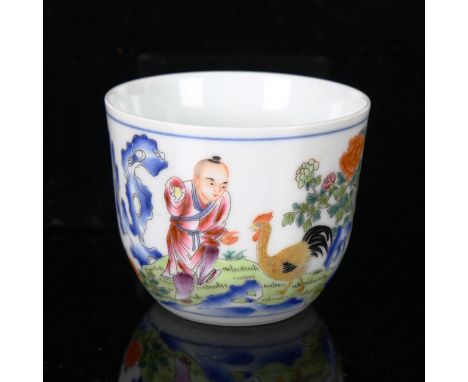 A small Chinese porcelain bowl, with painted design of a child with a cockerel and panel of text, seal mark under base, diame