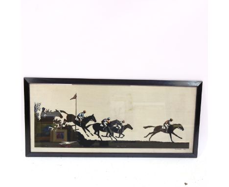 A point to point racing cut-out silhouette picture, by J B Oakley, dated 1944, framed, overall 41cm x 90cmBlack cut-out paper