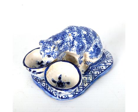 DRESDEN - blue and white glaze ceramic cat design cruet stand, length 8cm1 bowl has a fine hairline crack in the edge, severa