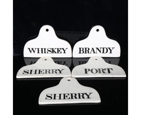 5 x 19th century Copeland ceramic wine barrel bin labels circa 1820s, for Whiskey, Brandy, Port, and Sherry (2), width 13.5cm