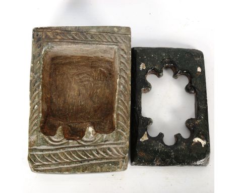 An Indian carved soapstone shrine lamp niche, 19th century, height 26cm, and a carved green stone alcove frame, length 23cm (