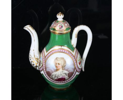 A 19th century Sevres porcelain coffee pot, hand painted panel depicting Marie Antoinette on green and gilt ground, height 17