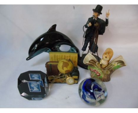 Collection of interesting items to include white bakelite clock, Poole dolphin and others