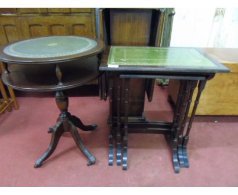 Mahogany nest of 3 tables together with a pedestal drum table