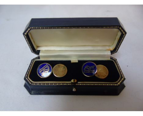 Boxed pair of silver rolls Royce cufflinks with blue enamel