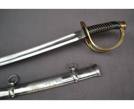 A dress sword, with an 89cm fullered curved blade the brass three bar guard to a wire wound leather grip in a metal scabbard