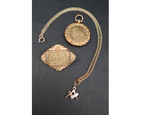 A 9ct gold Masonic compass and set square pendant on a 9ct gold chain, approximately 10.5 grams, together with a yellow metal