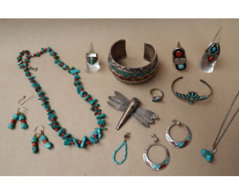 A turquoise and coral beaded necklace together with turquoise set rings, earrings, bangle etc 