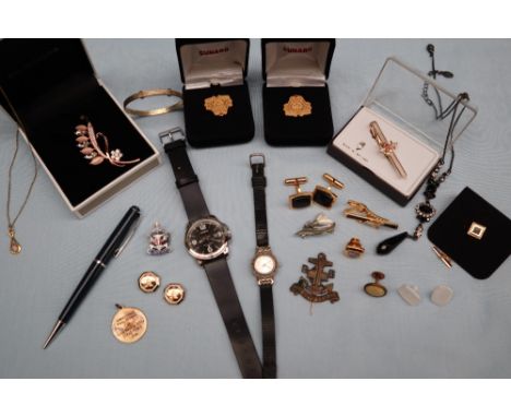 Cunard pin badges together with a Casio wristwatch, cufflinks, tie pins, etc 
