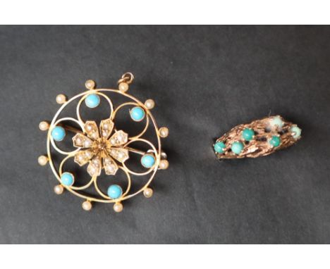 A 9ct yellow gold seed pearl and turquoise brooch of circular form, together with a 9ct gold turquoise set ring, size N, appr