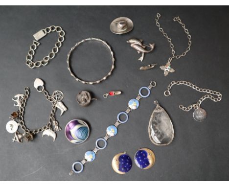 A Sterling silver and enamel bracelet together with a sterling silver charm bracelet, other bracelets, silver brooches etc 
