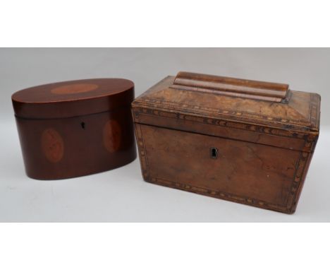 A 19th century mahogany tea caddy of oval form inlaid to the top and front with shells, 16.5cm wide x 11.5cm high together wi