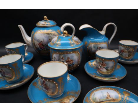 A 19th century Sevres tea set, the reserves painted with Watteauesque courting couples on a bleu ciel and gilt ground, with j