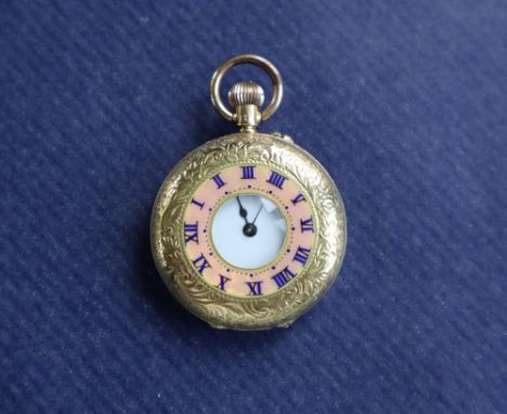 An 18ct yellow gold half hunter fob watch, case enamelled with blue Roman numerals on an orange enamel ground, overall approx