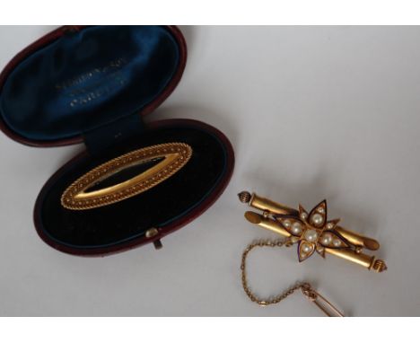 A 15ct gold bar brooch of double baton form with an enamel outlined, pearl set star, together with another 15ct gold bar broo