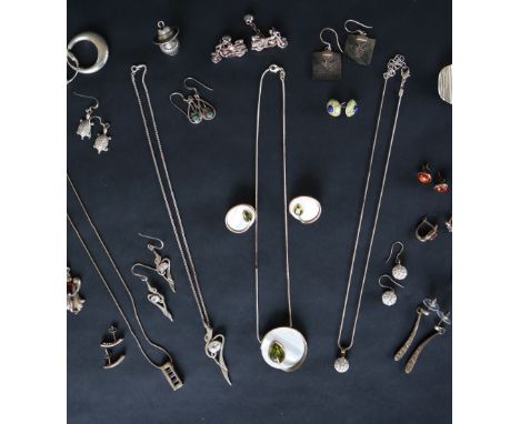 Assorted silver and white metal earrings including enamel and semi precious gem set jewellery, hoops etc 