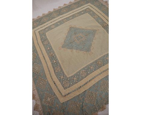 A teal silk table cloth / bed cover, with a cream bobbin lace overlay, the silk underlay measures approximately 189cm x 199cm