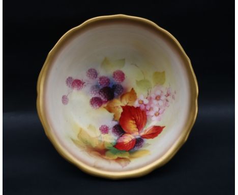 A Royal Worcester bowl of shaped circular form, painted to the interior with blackberries and leaves, the exterior similarly 