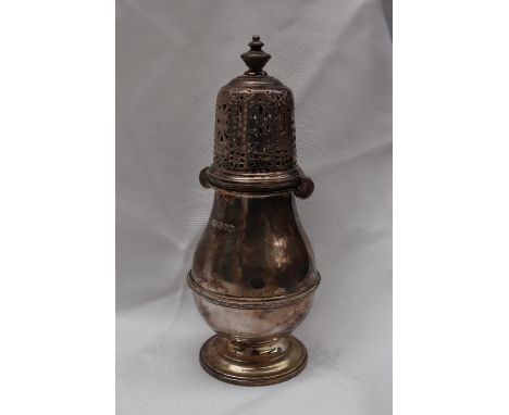 A George V silver sugar caster with a pierced domed cover and ring turned baluster body on a spreading foot, Sheffield, 1930,
