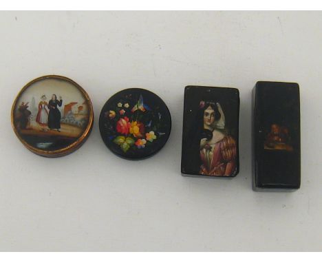 A Continental rectangular lacquer snuff box, 2nd quarter of 19th century, painted with man seated at table, 9 cm. long, a 19t