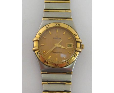OMEGA, Constellation, a lady's two colour quartz wristwatch, no. 55262231, the textured champagne dial with gold baton numera