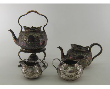 A Victorian silver-plated three-piece teaset with spirit kettle and stand en suite, by Martin, Hall & Co., circa 1880, squat 