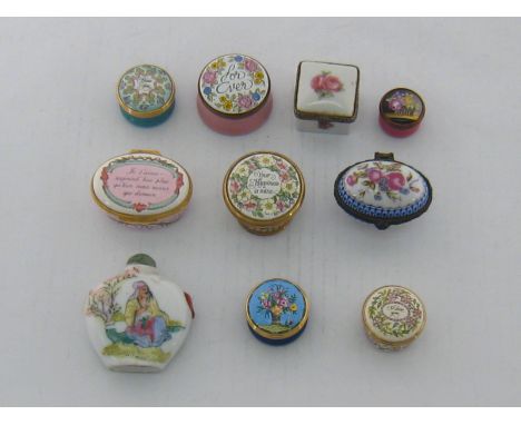 A  group of seven Halcyon days enamelled boxes, together with two similar ceramic boxes and a Chinese hand painted ceramic sn