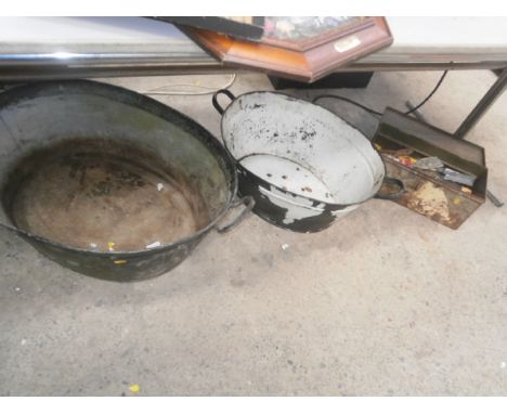 2 galvanized tubs and toolbox with contents