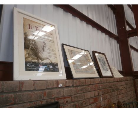 framed map, advertising print and 2 others