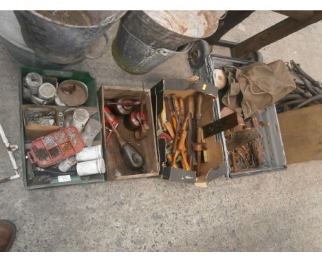 4 boxes of vintage tools, scales and traps