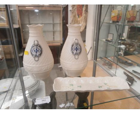 pair of belleek vases and trinket tray