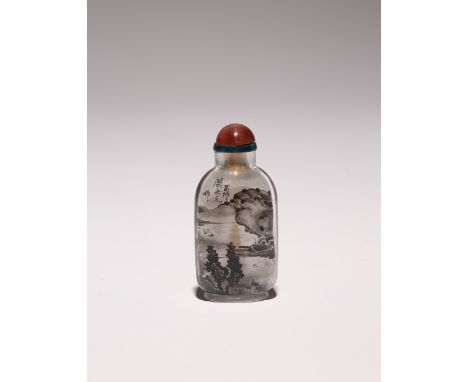 A SMALL CHINESE GLASS INTERIOR PAINTED SNUFF BOTTLE C.1895 Painted en grisaille with a continuous lake and mountain landscape