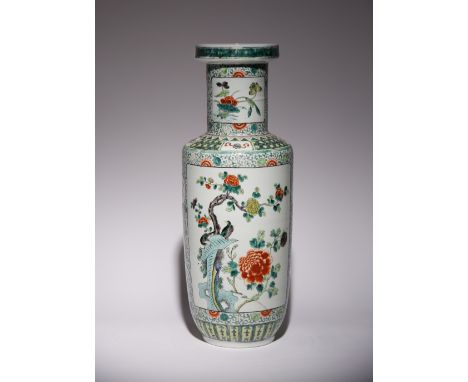 A LARGE CHINESE FAMILLE VERTE ROULEAU VASE 19TH CENTURY Decorated with shaped panels enclosing birds and butterflies amongst 