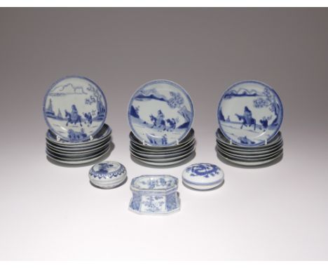 A COLLECTION OF CHINESE BLUE AND WHITE ITEMS 18TH CENTURY AND LATER Comprising: twenty-two blue and white saucers decorated w