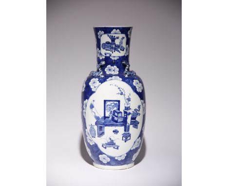 A CHINESE BLUE AND WHITE 'HUNDRED ANTIQUES' VASE 19TH CENTURY Painted with shaped cartouches containing precious objects, res