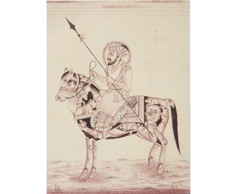 AN INDIAN MINIATURE INK DRAWING 19TH CENTURY Depicting a nobleman riding a composite horse consisting of various animals, he 