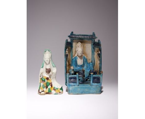 TWO CHINESE FIGURES OF GUANYIN KANGXI 1662-1722 Each figure depicted wearing draped robes and with a tall chignon covered by 