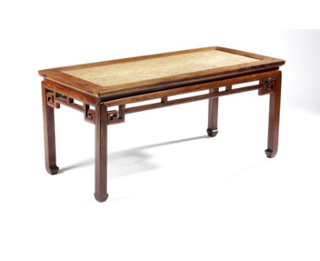 A CHINESE HONGMU RECTANGULAR BENCH, CHUNDENG LATE QING DYNASTY The centre enclosed within a mitred frame, supported at each c