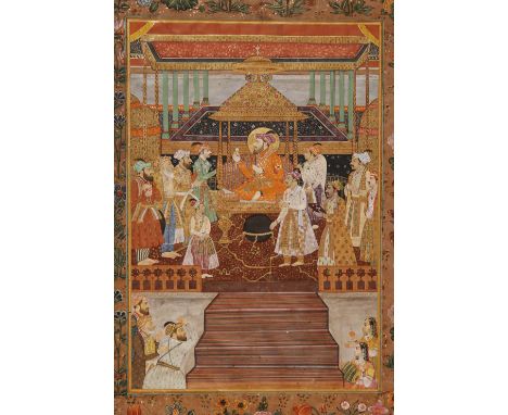 FOUR INDIAN MINIATURE PAINTINGS 18TH/19TH CENTURY One a portrait of Shah Jahan on horseback, two of Indian court scenes, the 